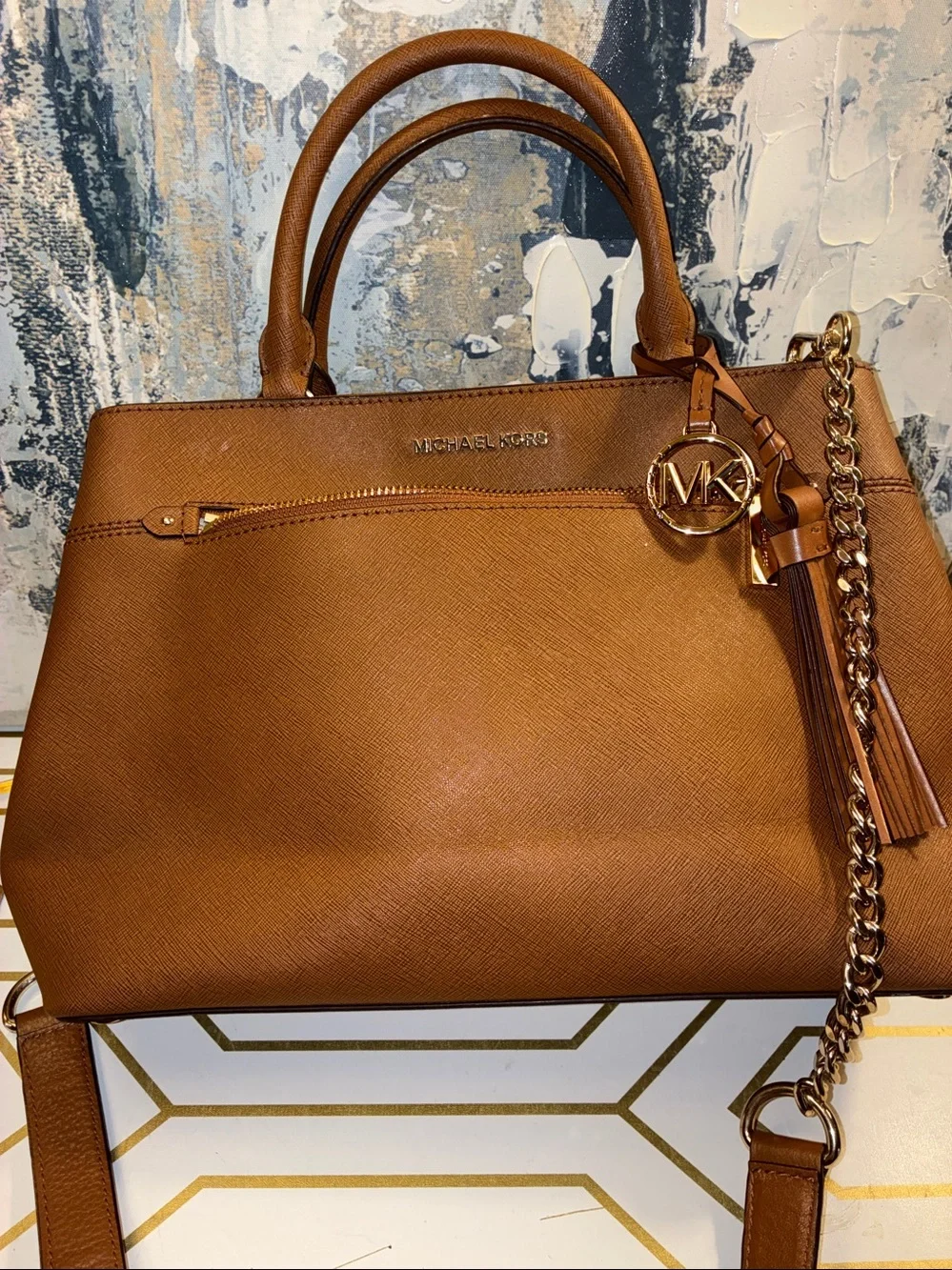 EUC Michael Kors Chestnut Leather Tote with  upgraded Chain Strap